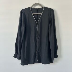 Eileen Fisher Silk Georgette Graphite Grey V Neck Button Down Relaxed Blouse M